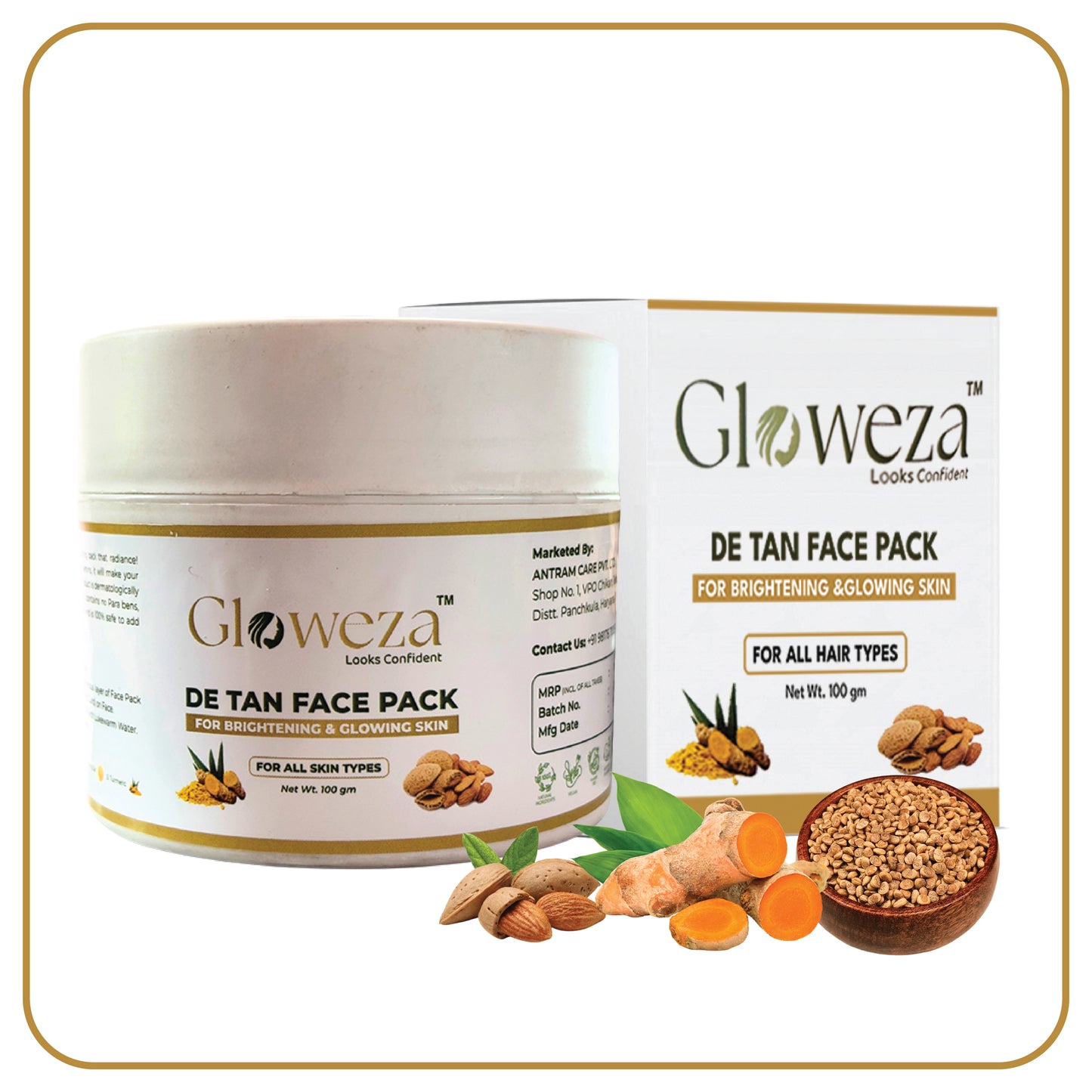 Gloweza™ Herbal De Tan Face Pack For Tan Removal All Skin Types (100gm + 100gm extra)
